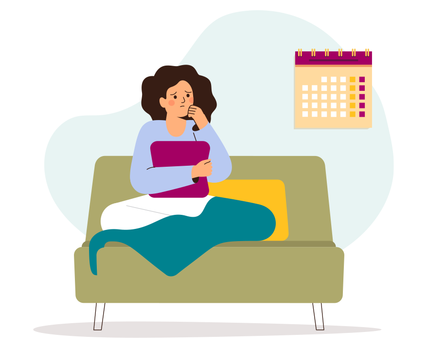 A women sitting on the couch looking surprised about how early menopause symptoms can start