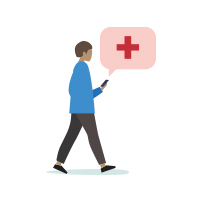 person walking looking at phone for care reminders